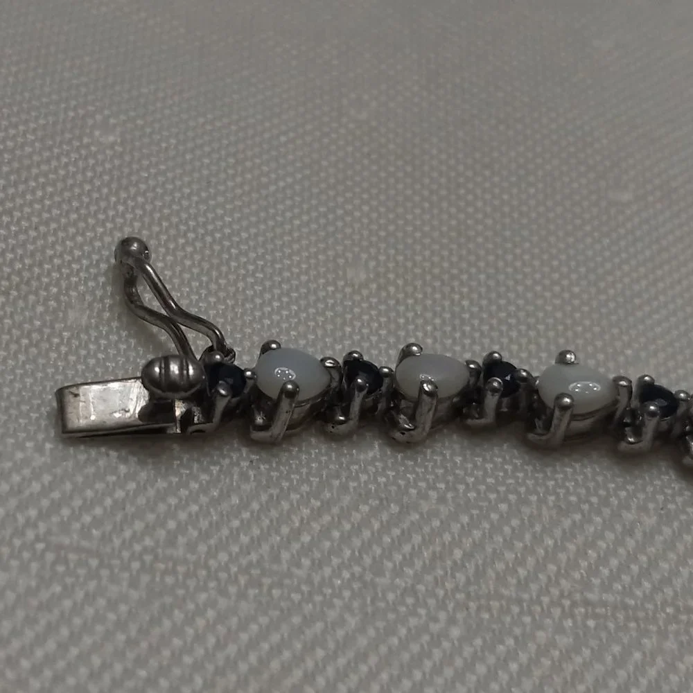 Sterling Silver Bracelet with Opals and Blue Rhinestones - Picture 11 of 14
